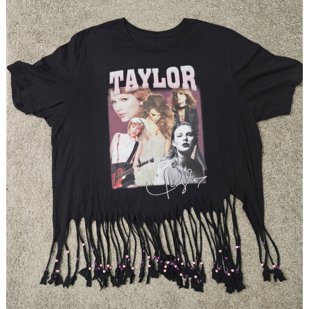 Taylor Swift Eras Graphic T-Shirt Black Beaded Fringe Hem Custom Fan Merch XL